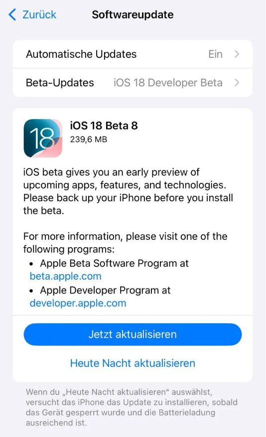 柳州苹果手机维修分享苹果 iOS / iPadOS 18 开发者预览版 Beta 8 发布 